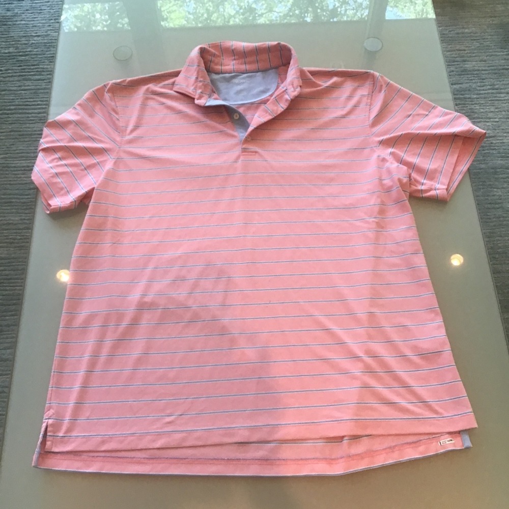 Johnnie-O Mens XL Polo Shirt Coral Pink Striped Performance Stretch Golf AS IS